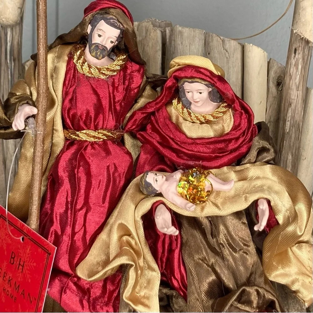 🎄XMAS🎄 Christmas Nativity Red Gold Mary Baby Jesus Wood Display Holiday Decor